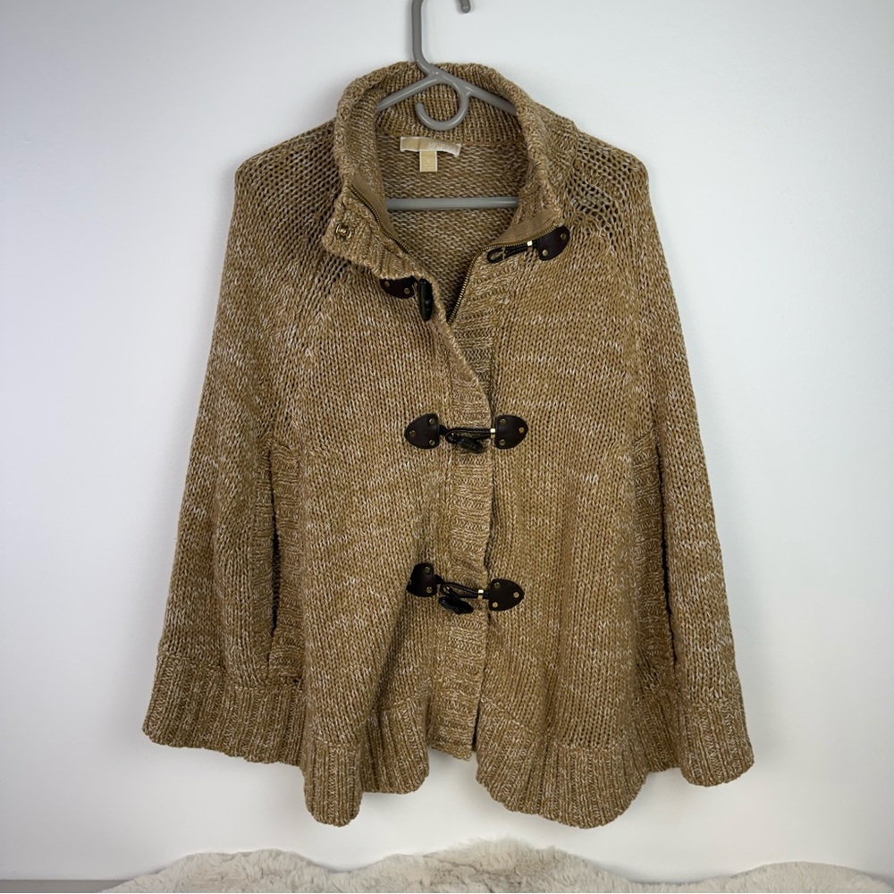 Michael Michael Kors Camel Tan Chunky Knit Toggle Zip Funnel Neck Poncho Small‎